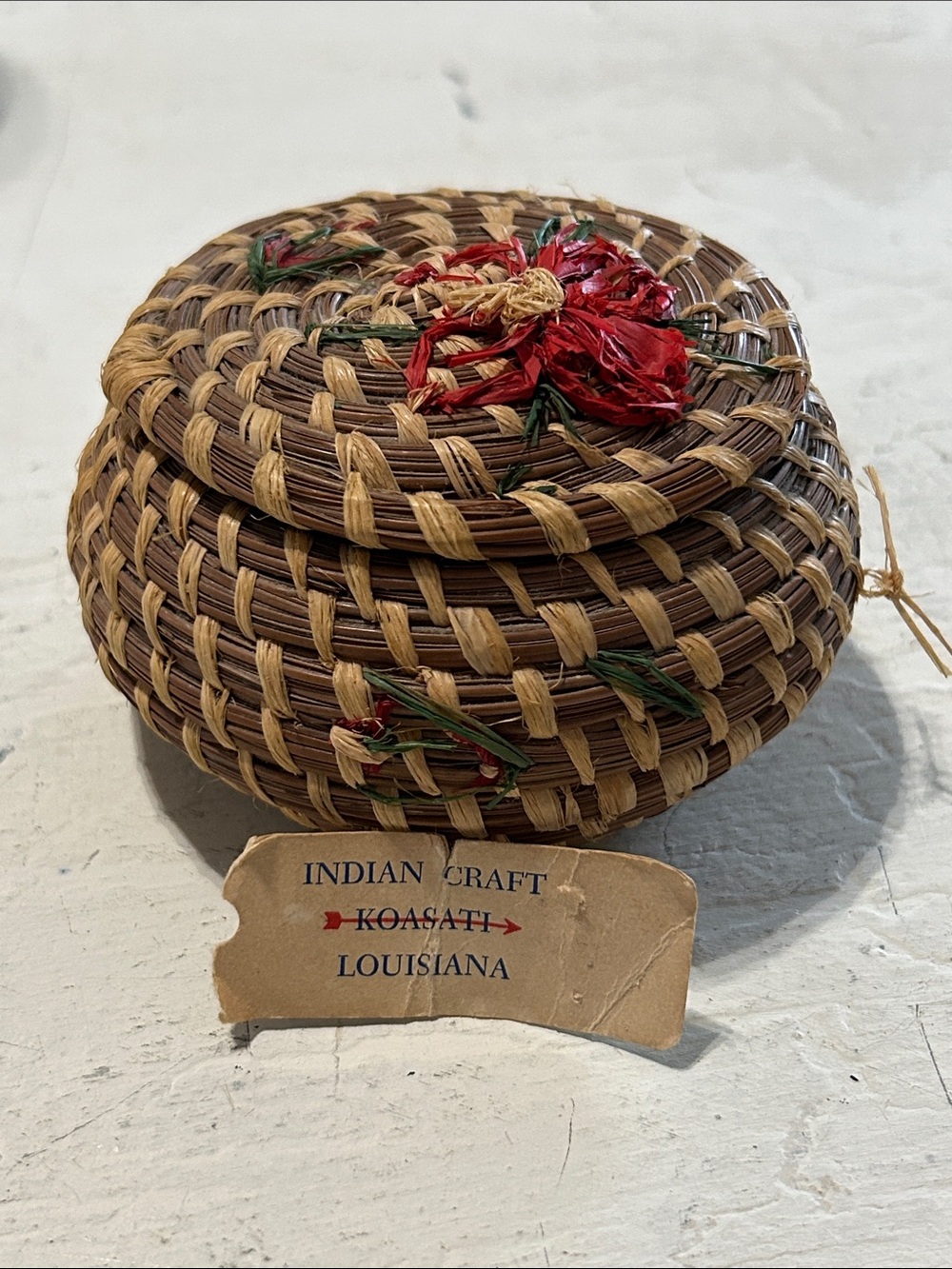 Vintage Coushatta Handwoven Decorative Round Basket with Red Floral Accent -